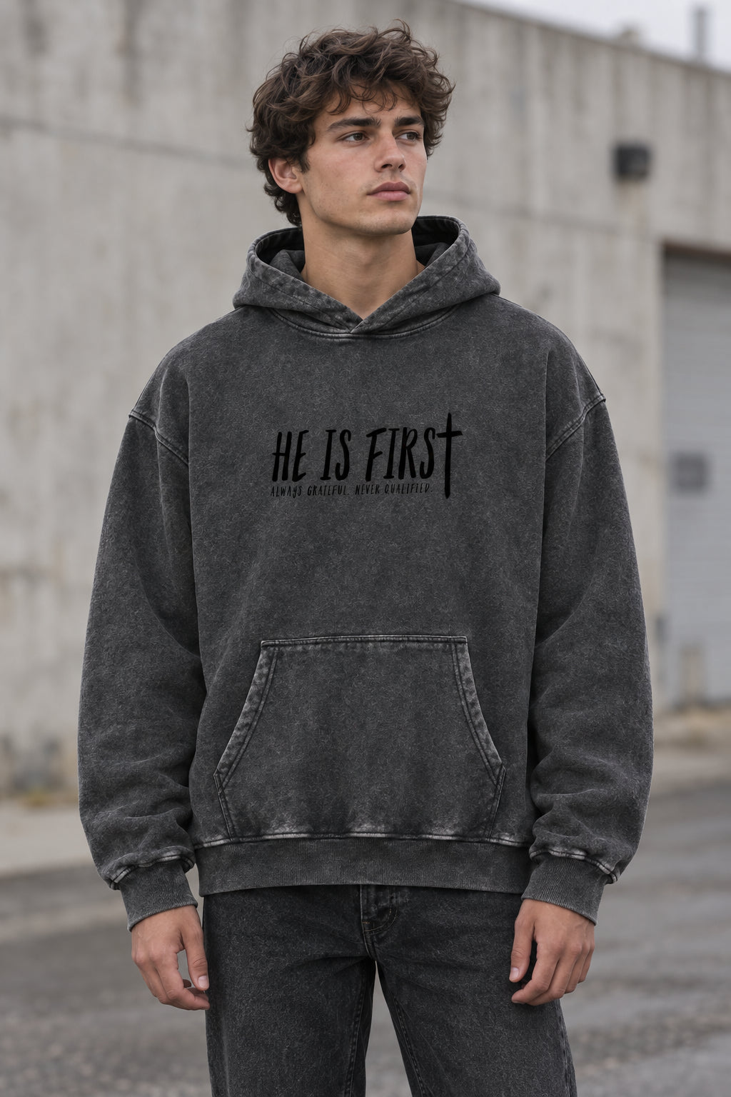 "He Is First" Vintage Wash Hoodie