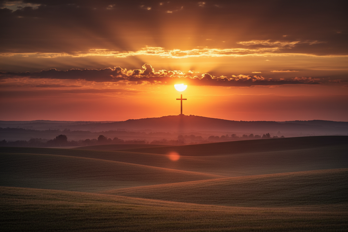 A scenic sunset landscape with rolling golden fields in the foreground, a silhouetted hill in the distance, and a cross standing atop the peak beneath dramatic sun rays breaking through clouds.